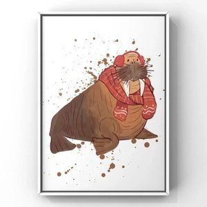 Christmas Animal Wall Art Winter Holiday Walrus in scarf and winter muffs art